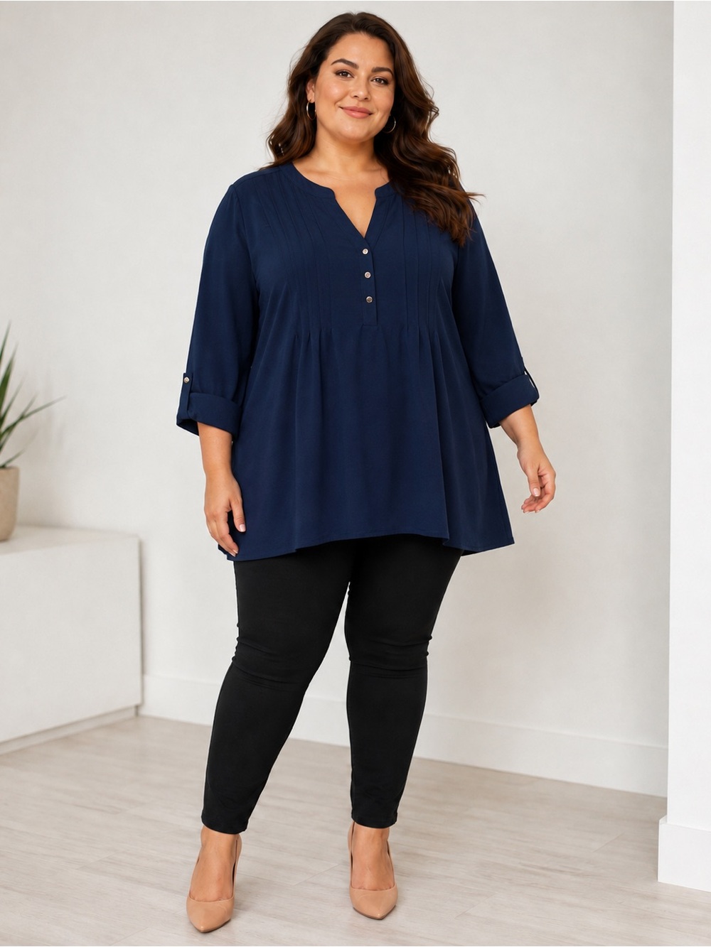 Cocomo Navy Pintuck Button-Front Women's Tunic